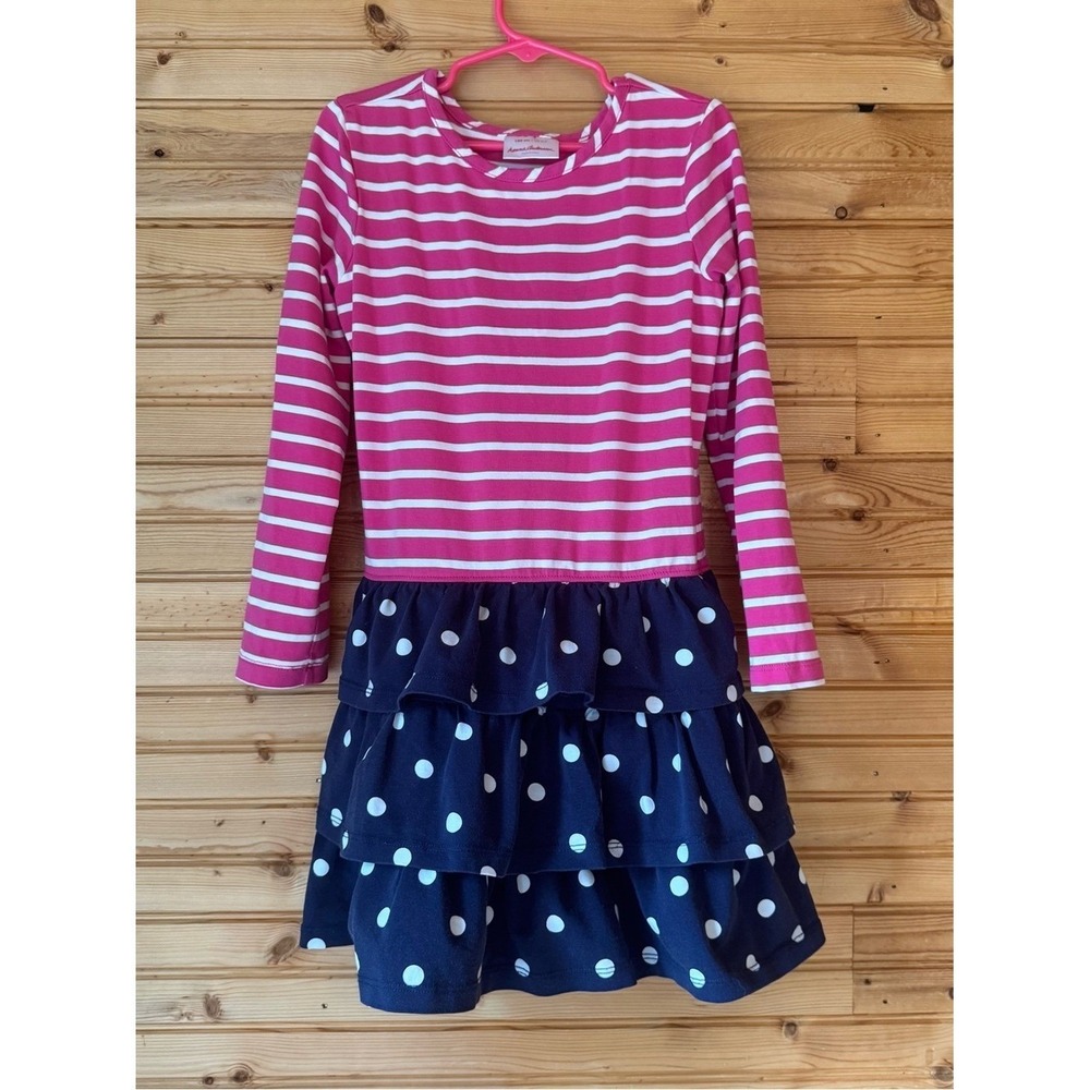 Hannah Andersson Dress Blue Pink Ruffles Polka Dots Stripes Girls' 6-7 School